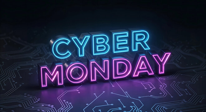 Cyber monday neon sign glowing with blue and purple lights on a dark, circuit board background, representing online shopping and sales