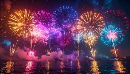 Colorful fireworks display over water at night.