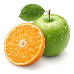 Green apple and orange fruit close up view art