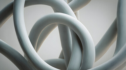 A closeup, abstract macro photograph of intertwined, fuzzy, white tubular structures forming a complex, tangled knot against a soft, neutral background
