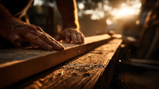 Skilled hands carefully smooth a wooden plank bathed in warm, low sunlight