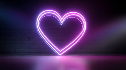 Glowing neon heart outline illuminates a dark brick wall and reflective floor