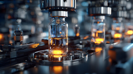 Automated pharmaceutical production line with robotic arms precisely filling vials with clear liquid, illuminated by warm, industrial lighting
