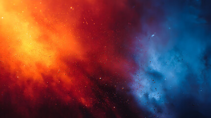 Explosion of vibrant red and blue powder or smoke, with glowing orange light and small particles, creating a dynamic and energetic abstract background