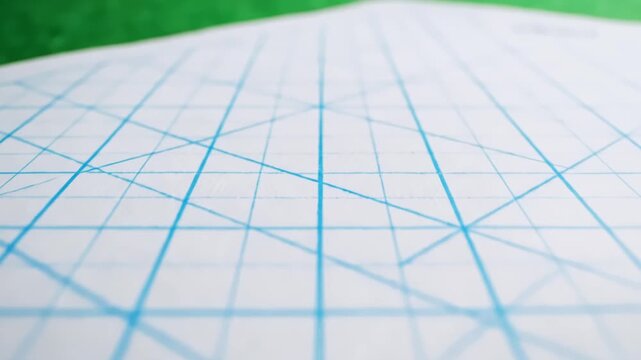 A close-up of a white surface with blue grid lines, transitioning to a green background
