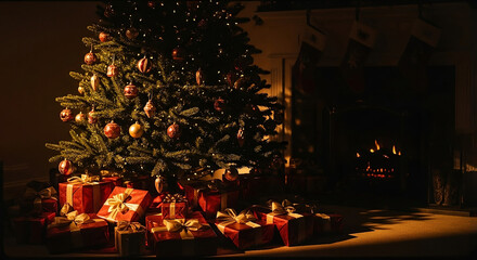 Christmas tree with ornaments, gifts wrapped in red and gold, fireplace in the background with stockings hanging 1