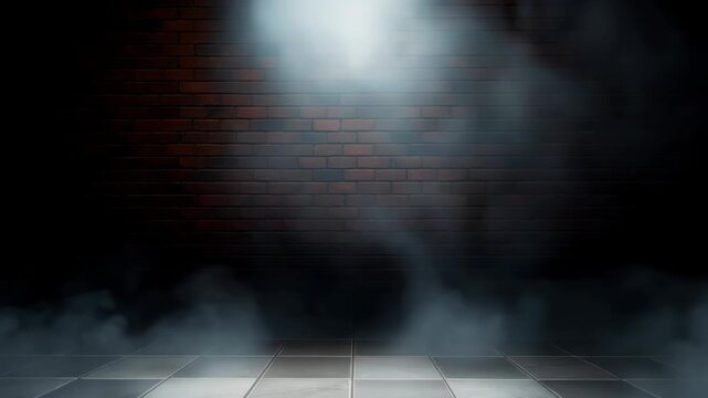 Dark Stage Spotlight Illuminating Brick Wall with Ethereal Smoke Wisps Over Tiled Floor