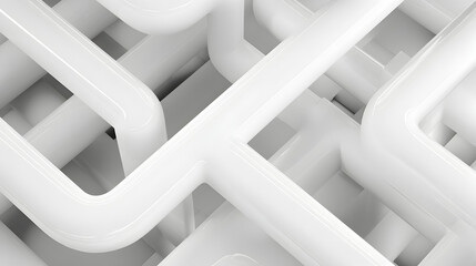 Abstract network of white pipes forming a complex mazelike structure, suggesting connectivity and infrastructure in a clean, modern design