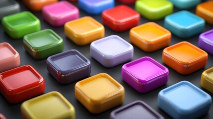 Array of glossy, colorful square objects arranged in a grid pattern on a dark surface