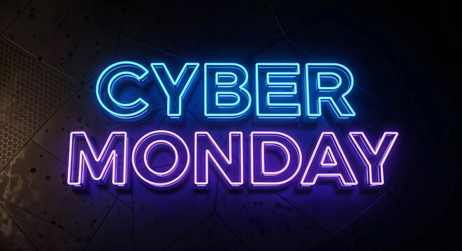 Cyber monday neon sign glowing in blue and purple on a dark, textured background, representing online shopping and sales