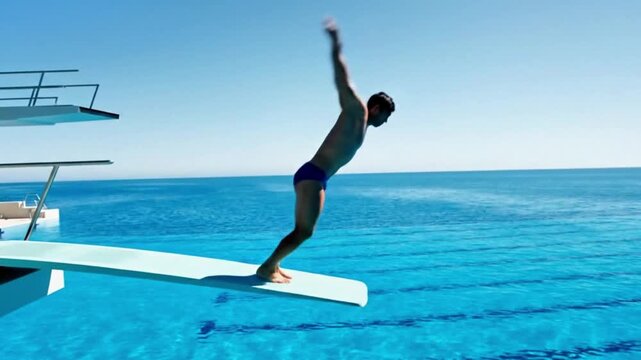A diver preparing on a minimalist, cantilevered diving board over an infinitely deep blue pool.