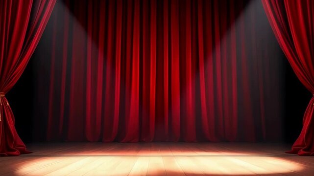 Luxurious Red Velvet Stage Curtains Illuminated by Spotlight with Dramatic Shadows and Wooden Floorboards Ready for Performance