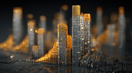 3D Visualization of Data Trends in a Digital Landscape at Night Showcasing Metallic Structures and Glowing Elements