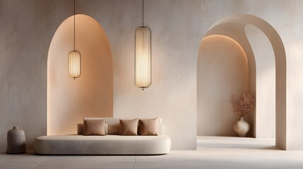 Minimalist interior space showcases modern furniture illuminated by delicate hanging light fixtures