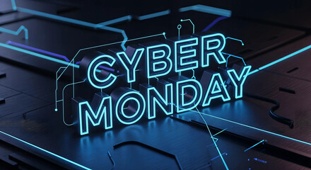 Cyber monday neon sign glowing on a futuristic circuit board background with blue light streaks