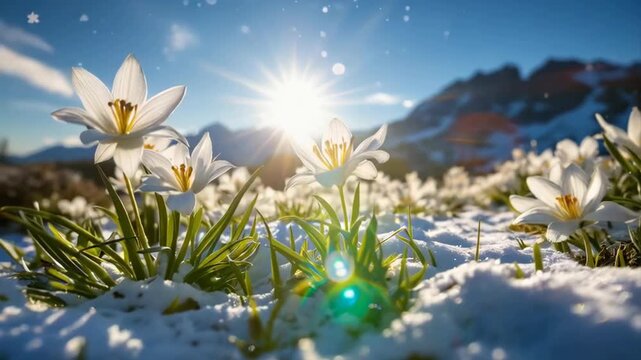 Sunlight Shines On Delicate White Flowers Emerging From Snow In A Majestic Mountain Landscape Under A Clear Blue Sky With Distant Peaks