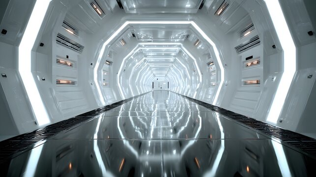 Futuristic, brightly illuminated, hexagonal corridor stretches into the distance with a highly reflective floor