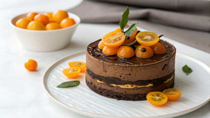 Gourmet dessert with chocolate cake and kumquats
