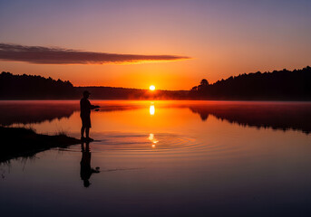 A fisherman casting a line into a calm lake at sunset, realistic water reflections.