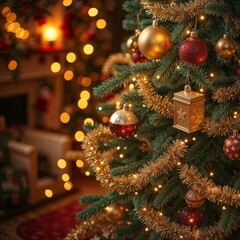 Holiday tree detail in elegant style in red and gold representing seasonal ornamentation