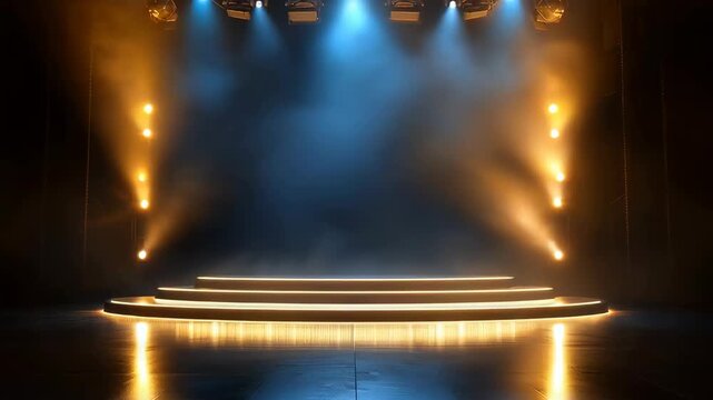 Illuminated Stage Podium with Dramatic Lighting and Smoke Effects Creating an Atmospheric Performance Venue