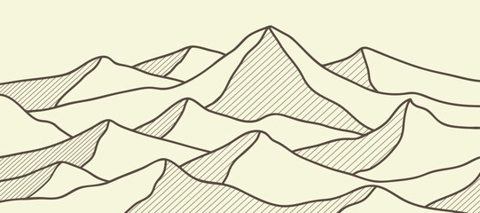 Mountain line art background, luxury wallpaper design for covers, invitation backgrounds, packaging designs, wall art and prints. Vector illustration.