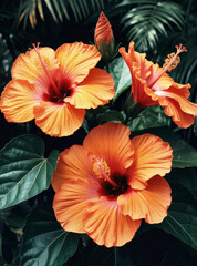 Orange hibiscus blossoms in lush garden