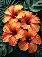 Orange hibiscus blossoms in lush garden