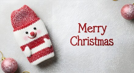Merry Christmas greeting card with cute snowman decoration and pink glitter ornaments on white snow
