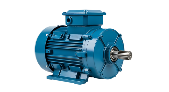 Blue Electric Motor with Metal Shaft and Cooling Fins, isolated on a white or transparent background, cutout, PNG