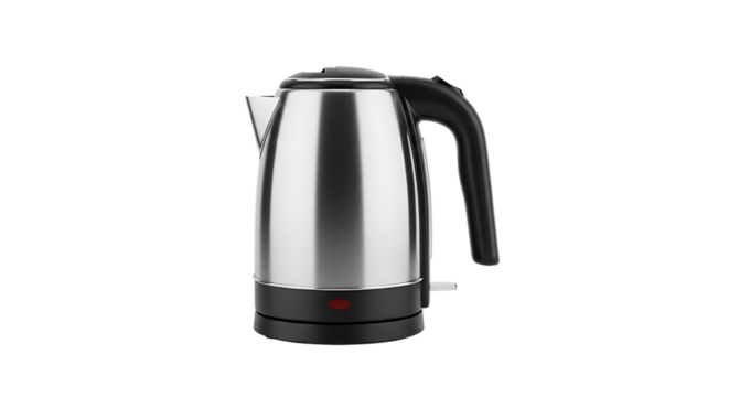 Brushed Stainless Steel Electric Kettle with Black Handle and Red Indicator Light, isolated on a white or transparent background, cutout, PNG