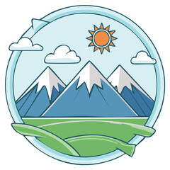 Cartoon mountain landscape illustration with snowy peaks, green fields, summer sun and fluffy clouds against a serene sky, stylized in a circular frame.