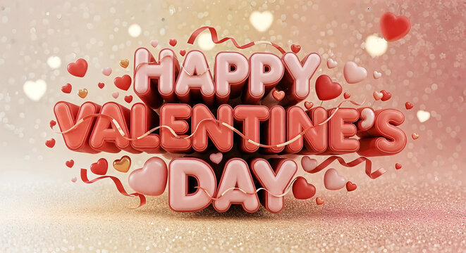 Happy valentines day 3d text with hearts and ribbons, romantic celebration and love concept - Powered by Adobe