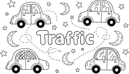 Obraz premium Cute Cartoon Cars Illustration Driving Through Starry Night Sky, Whimsical Traffic Pattern Design Element for Children's Education and Transportation Industry, Automotive Themed Coloring Book Page 