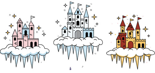 Fototapeta premium Colorful Floating Castles Illustration, Fantasy Architecture in a Dreamy Winter Wonderland Setting, Conceptual Design for Children's Education and Storytelling, Cute Fairytale Digital Artwork 
