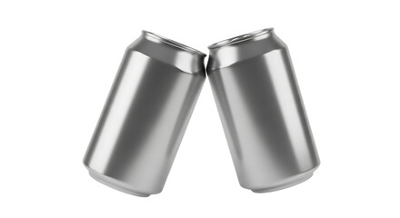 Two silver aluminum beverage cans clinking together in a toast, isolated on a white or transparent background, cutout, PNG