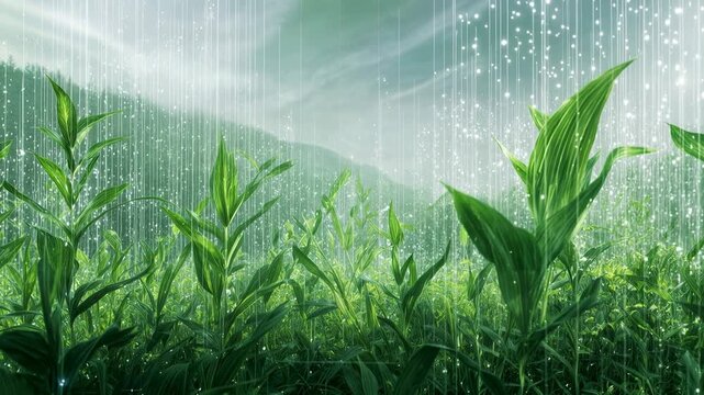 Fresh green rows under gentle rainfall with morning light and mist, symbolizing sustainable growth, calm weather and the quiet promise of a productive season in eco‑friendly agriculture