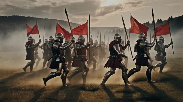 High-quality 8K cinematic drone shot of disciplined Roman legionaries marching in formation through a valley at dawn, red banners waving, armor shining in sunlight, dust rising from boots, ancient emp