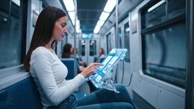 Future technology implementation woman in subway car using transparent display for business innovation and life