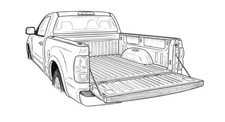 Handdrawn pickup truck illustration with an open tailgate showing the empty ribbed truck bed from a rear threequarter view.