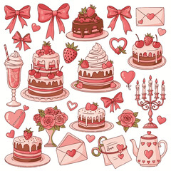 Hand Drawn Coquette Elements Set for Valentine’s Day Wedding Invitation and Birthday Card Vintage Cute Girly Bows Hearts Ribbons Cherry Cake Heart Frame and Strawberry Vector Illustration