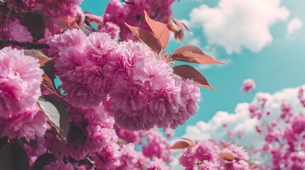 tree branches with soft pink flowers against pale blue spring sky