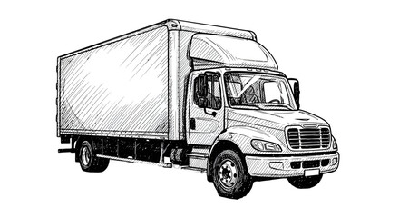Handdrawn sketch illustration of a modern commercial delivery box truck with hatching. © Vhya