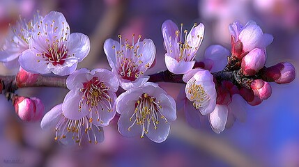 tree branches with soft pink flowers against pale blue spring sky