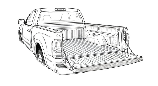 Handdrawn pickup truck illustration with an open tailgate showing the empty ribbed truck bed from a rear threequarter view.