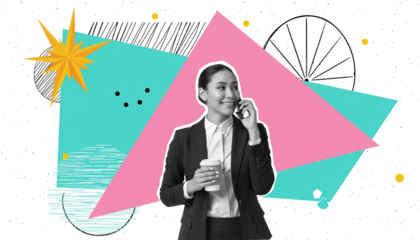 Profesional trabajando con computadora en entorno de análisis de datos, collage creativo con gráficos estadísticos y elementos visuales modernos