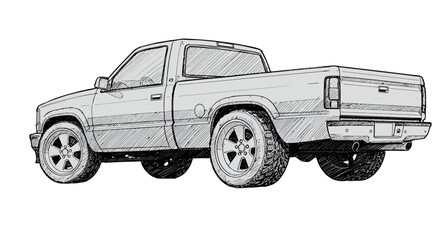 Handdrawn sketch of a classic pickup truck with custom rims shown from a rear threequarter view.