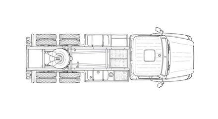 Topdown technical line drawing of a semitruck tractor unit with a detailed chassis and fifthwheel coupling.