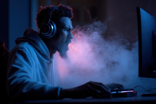 Professional eSports gamer intensely focused and celebrating victory during a competitive match in a dimly lit gaming environment