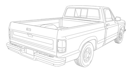 Vintage pickup truck line art illustration from a rear threequarter view.